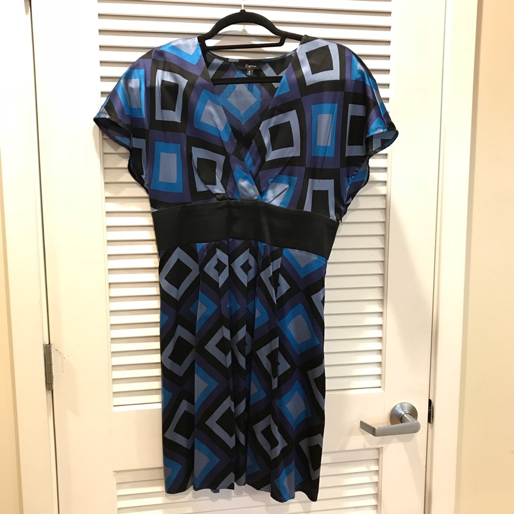 Express Blue & Black Geometric Silk Dress